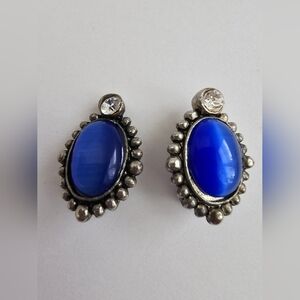 Blue Moonglow Tiger's Eye Rhinestone Silver Tone Vintage Statement Earrings